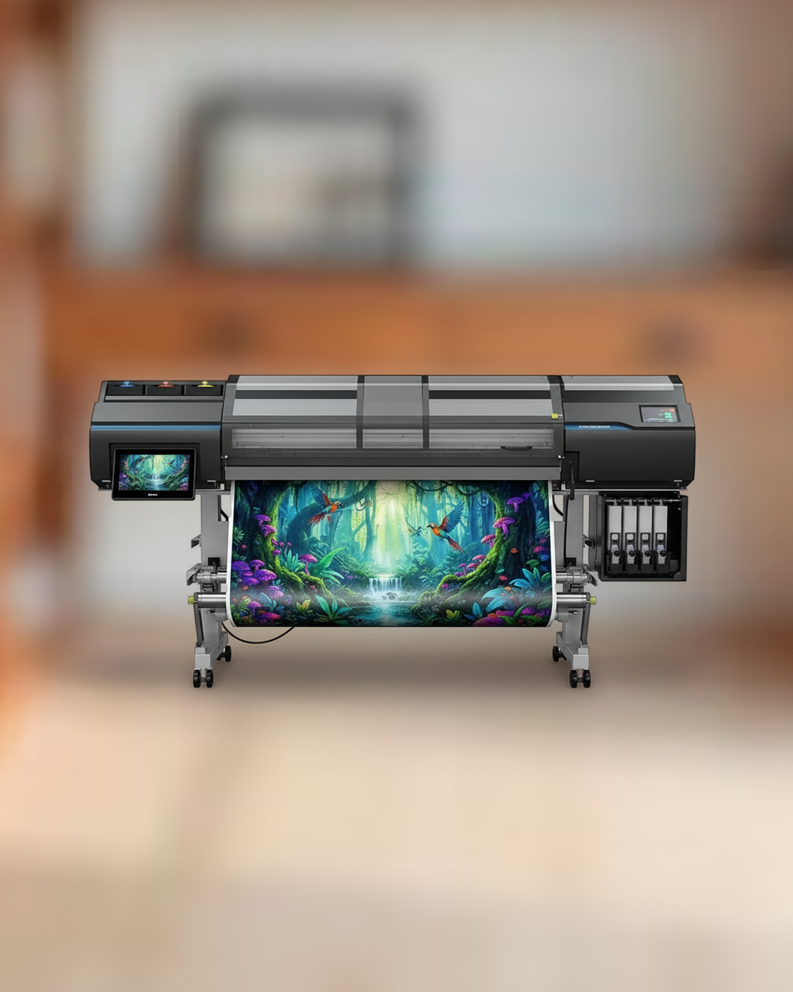 Máquina plotter de impressão digital de grande formato com uma imagem colorida sendo impressa